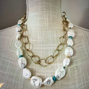 Chico's Gold and White Necklace with Turquoise Accents.. New